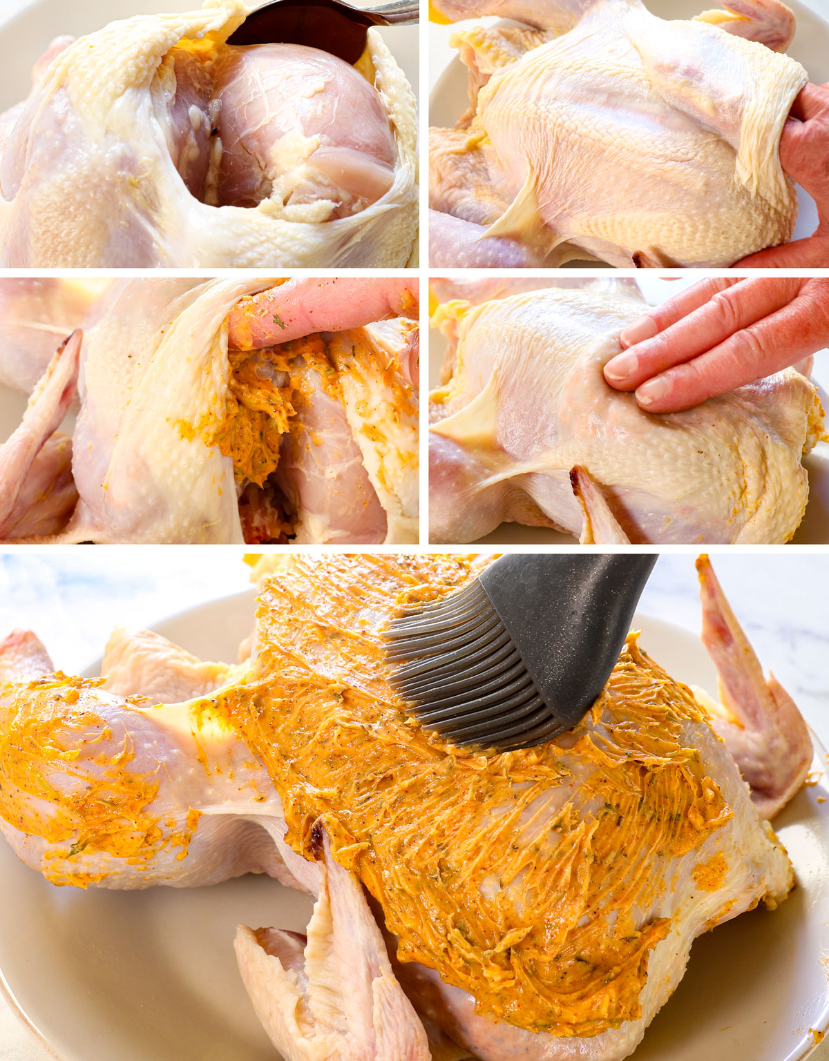 a collage showing how to roast a whole chicken by loosening the skin of the chicken, then applying the butter underneath the skin, then over the skin