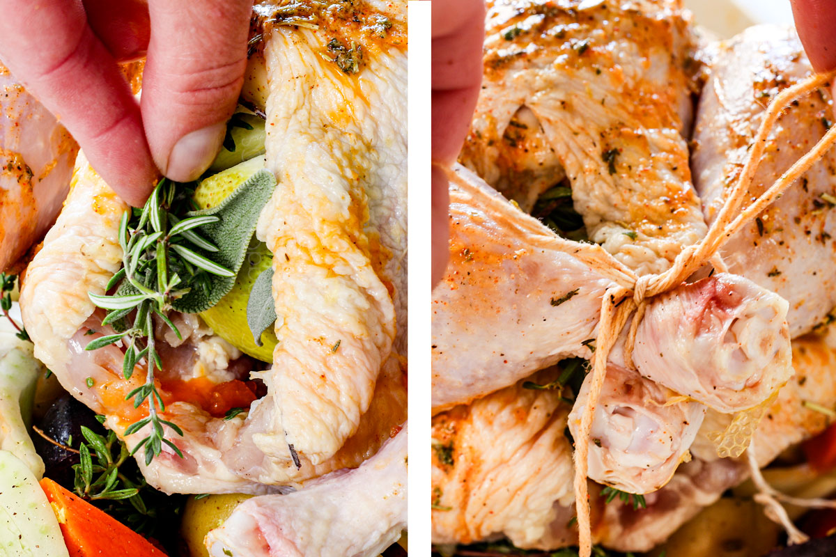 showing how to roast a whole chicken by stuffing the turkey cavity with lemons and herbs, then tying the drumsticks together with kitchen string