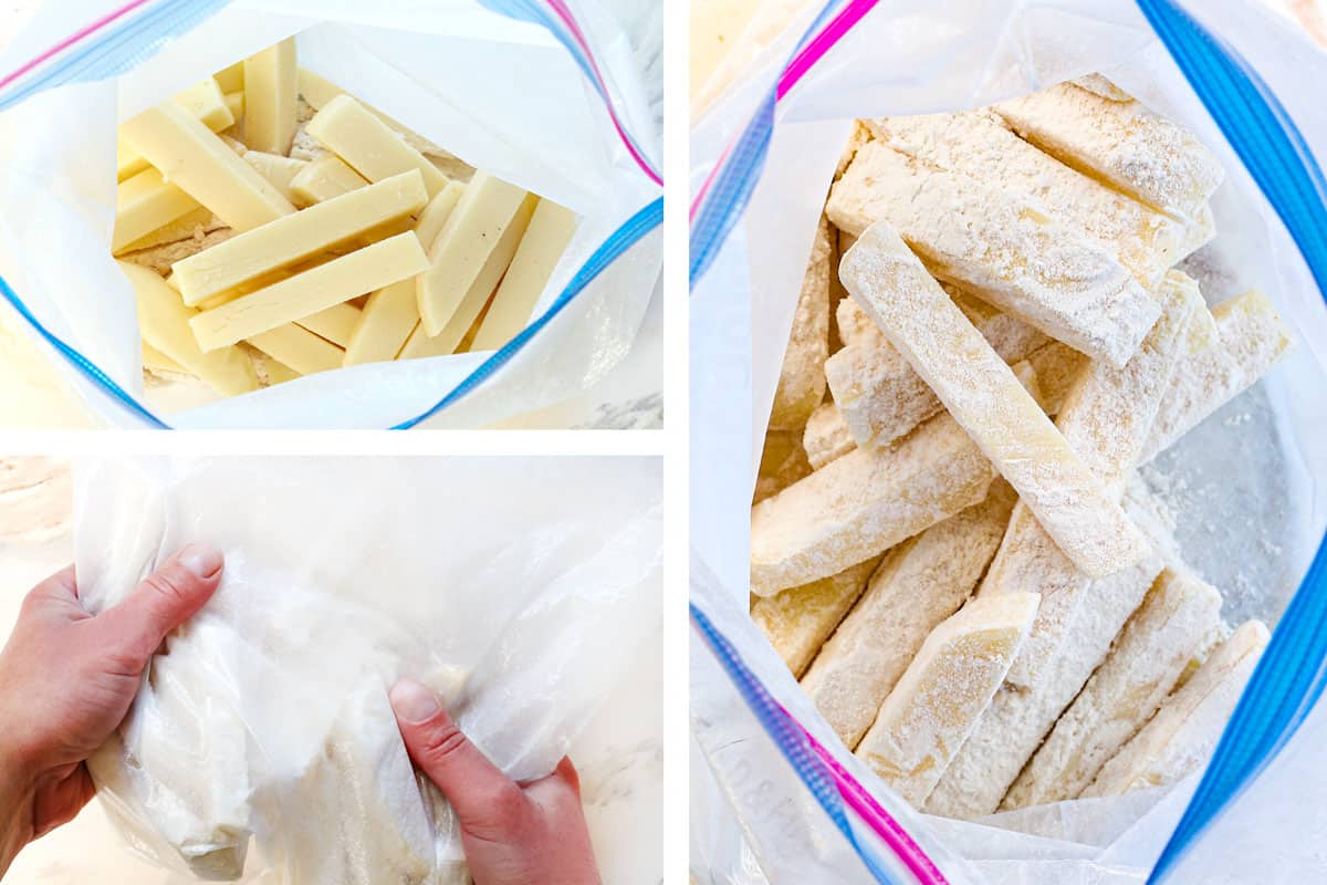 showing how to make mozzarella sticks by dredging the cheese sticks in flour