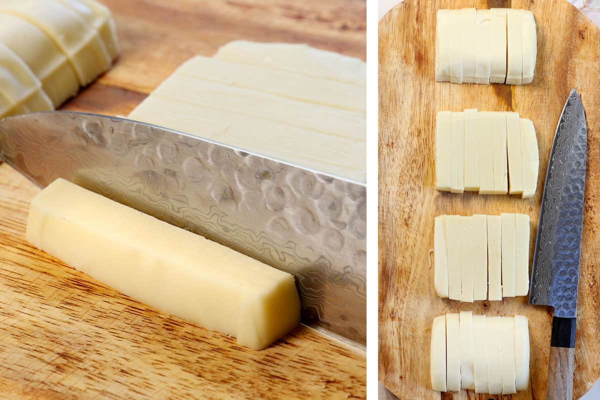 showing how to make mozzarella sticks by slicing a mozzarella block into sticks