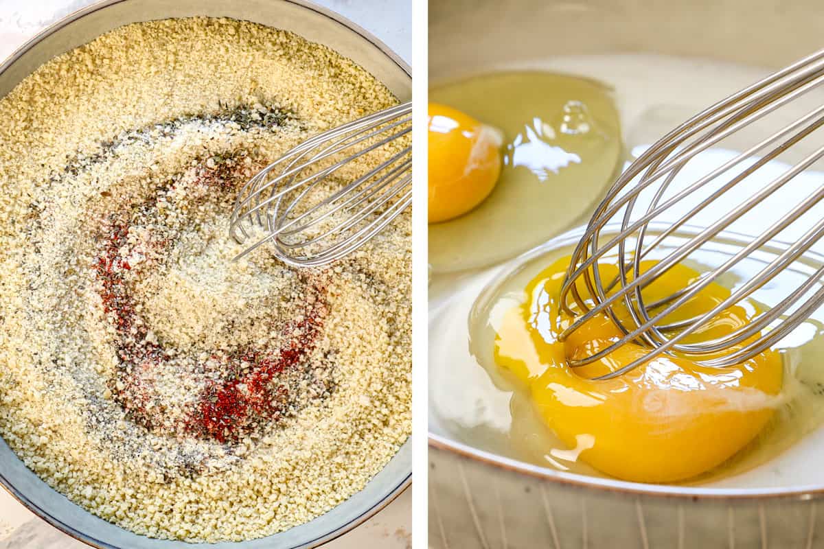 showing how to make mozzarella sticks by whisking the breadcrumbs with the spices in a bowl, and whisking the eggs with the milk in a second bowl