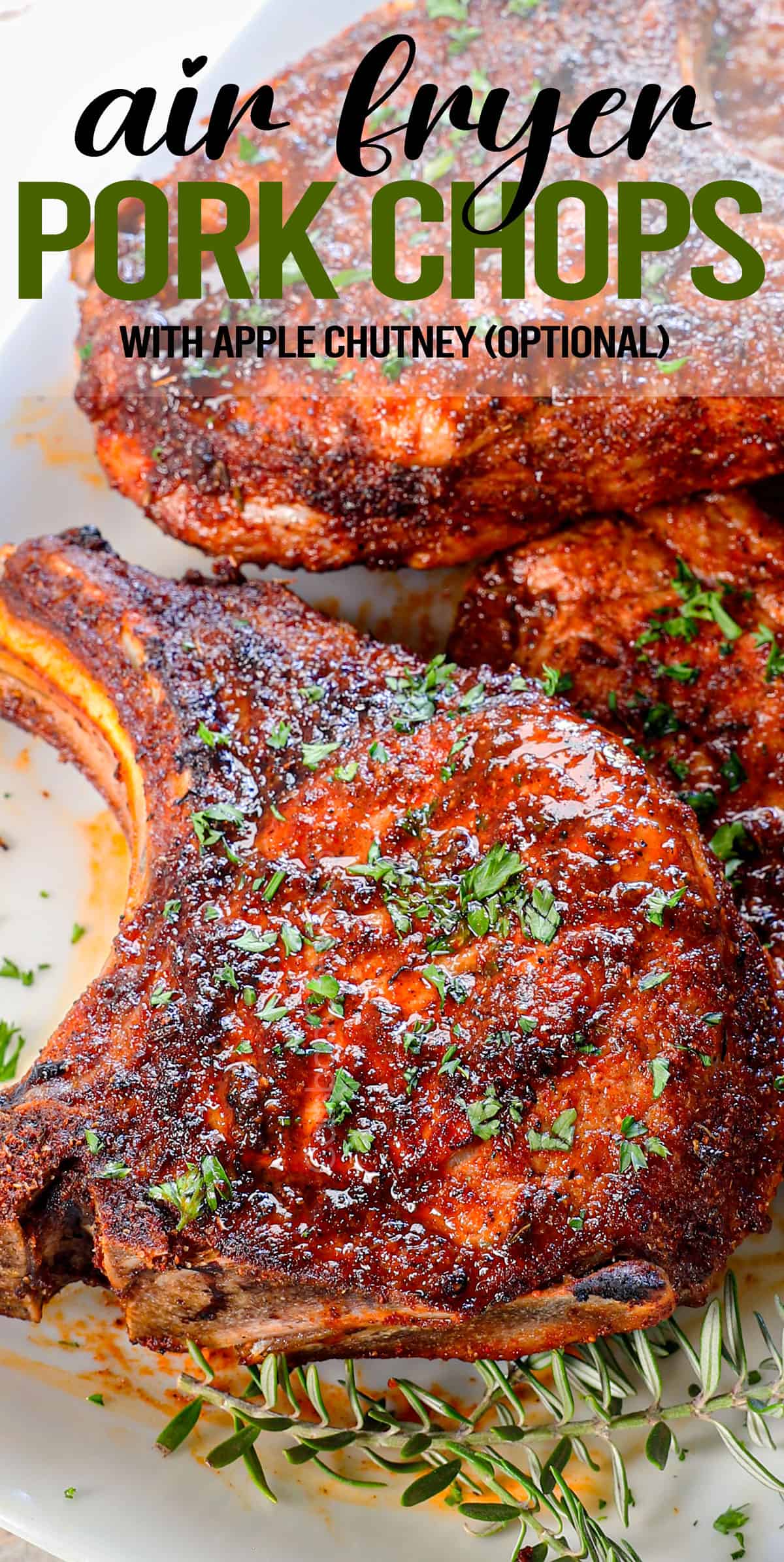 up close of air fryer pork chops showing how juicy they are