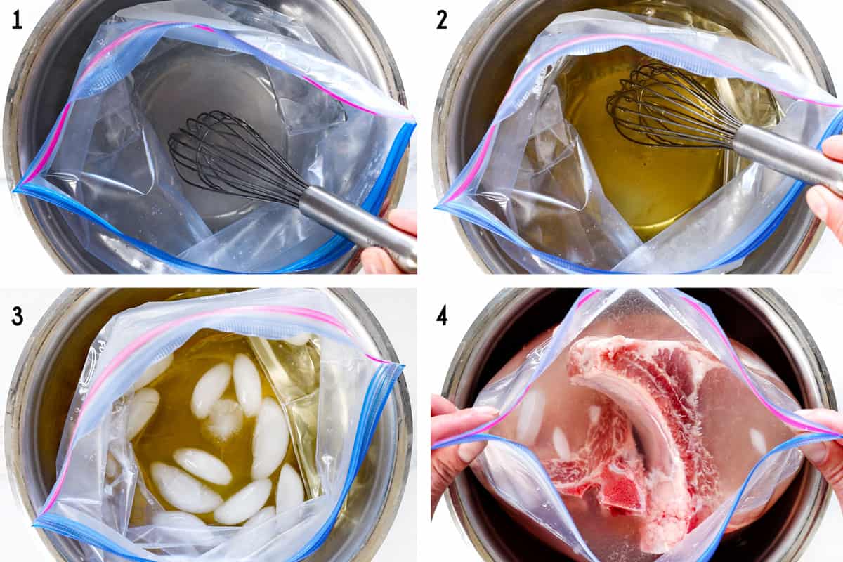 showing how to air fry pork chops with a collage of brining the pork chops by dissolving kosher satl in warm water, adding sugar, vinegar, then adding ice, then adding the pork chops 