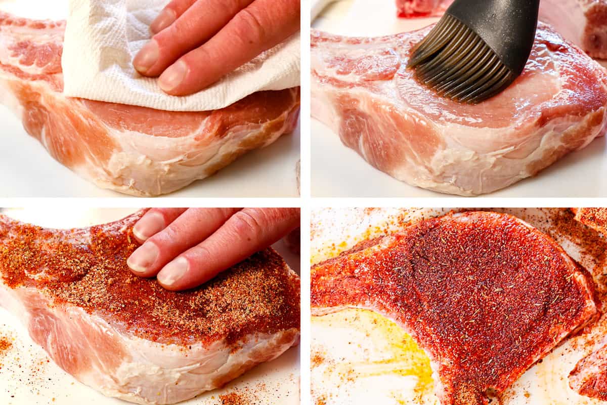 showing how to air fry pork chops by patting dry, brushing with olive oil, then rubbing in the spices