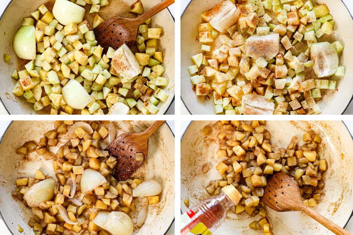 showing how to air fry pork chops by making apple chutney in a pan