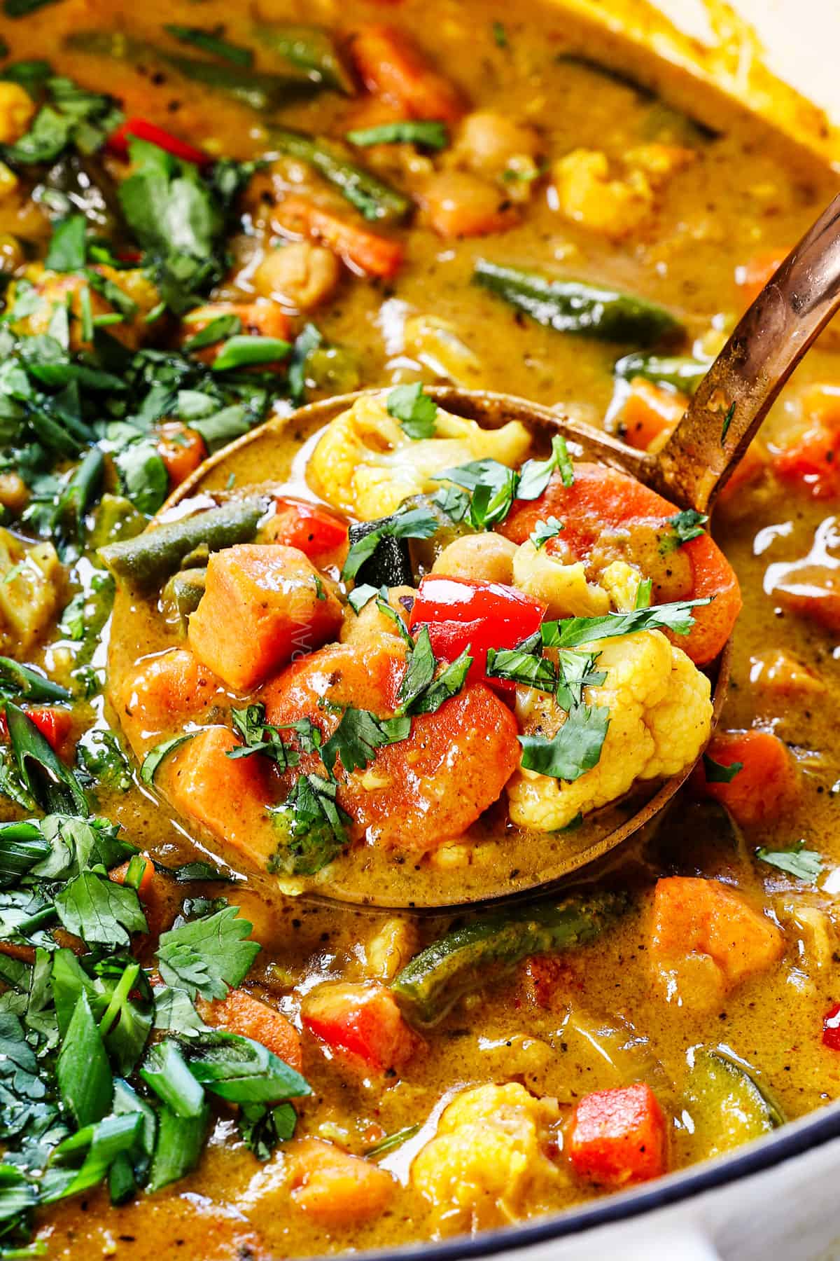 up close of vegetable soup with a ladle of vegetables showing the creamy broth