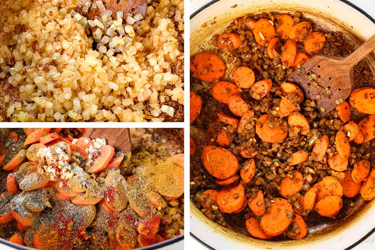 showing how to make vegetable soup by sautéing the onions, carrots and spices in a large Dutch oven