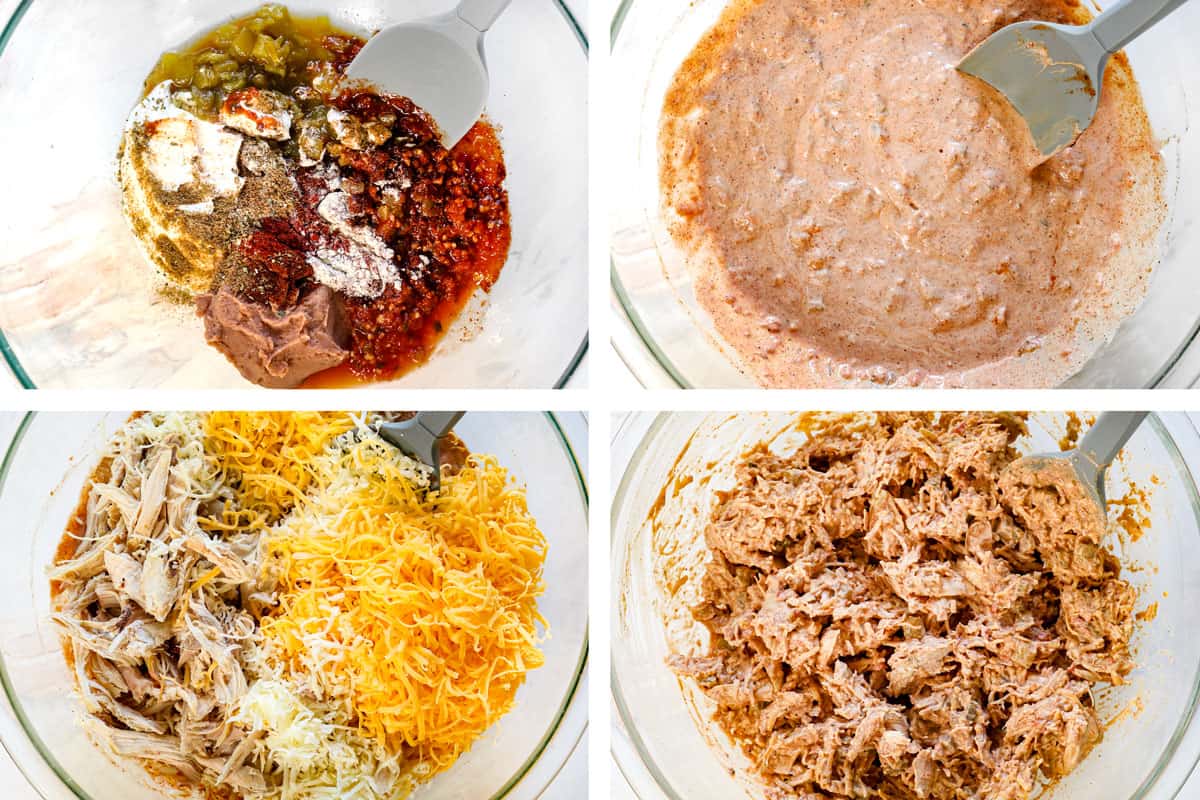 showing how to make chimichangas by adding the sour cream, refried beans, salsa, green chiles and  spices to a bowl and mixing to combine, then stirring in the chicken and cheeses