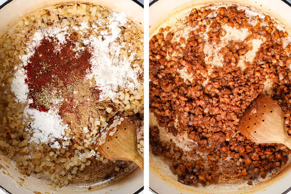 a collage showing how to make chicken taco soup by sautéing onions, then cooking the flour and apices 