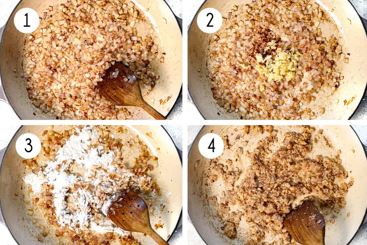 a collage showing how to make Chicken Parmesan pasta by sautéing the shallots, then the garlic and red pepper flakes, then adding the flour to cook