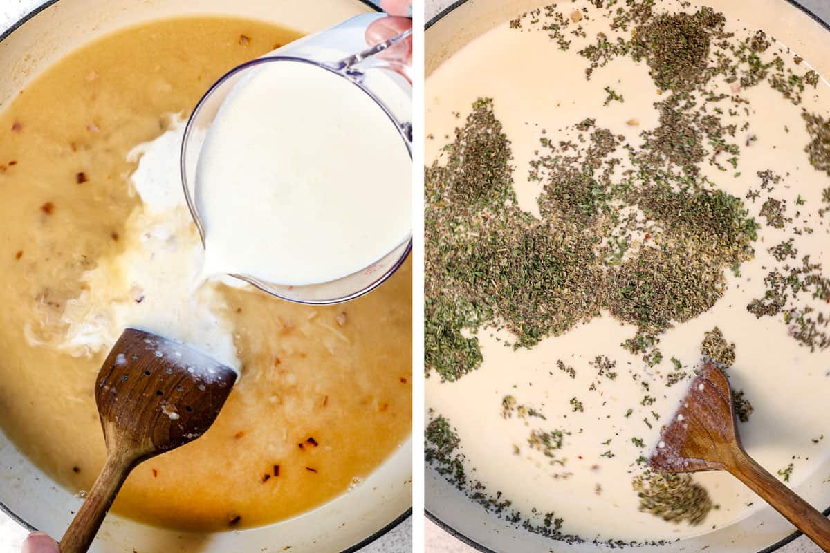 a collage showing how to make Chicken Parmesan pasta by stirring in the chicken broth, half and half, and spices