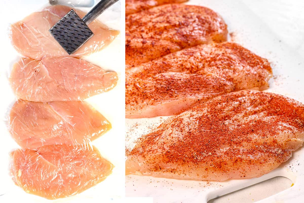 a collage showing how to make Chicken Parmesan pasta by slicing the chicken breasts through the equator, pounding with a meat mallet, then rubbing with spices