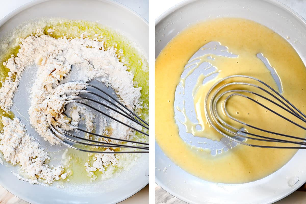 showing how to make croque monsieur by making the roux with flour and butter for the béchamel 