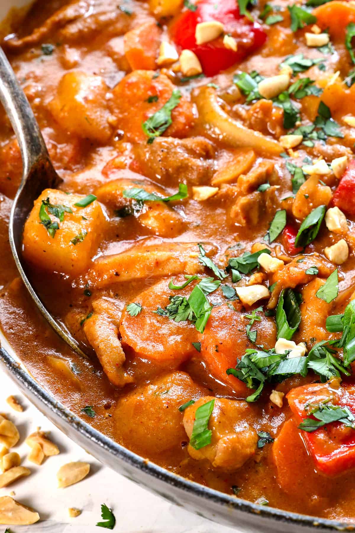 up close of Thai massaman curry showing the tender, juicy chicken 	