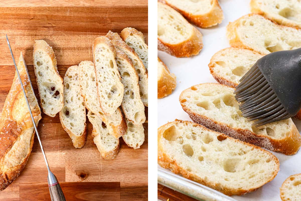 a collage showing how to make bruschetta by slicing the baguette on a diagonal, then brushing both sides with olive oil