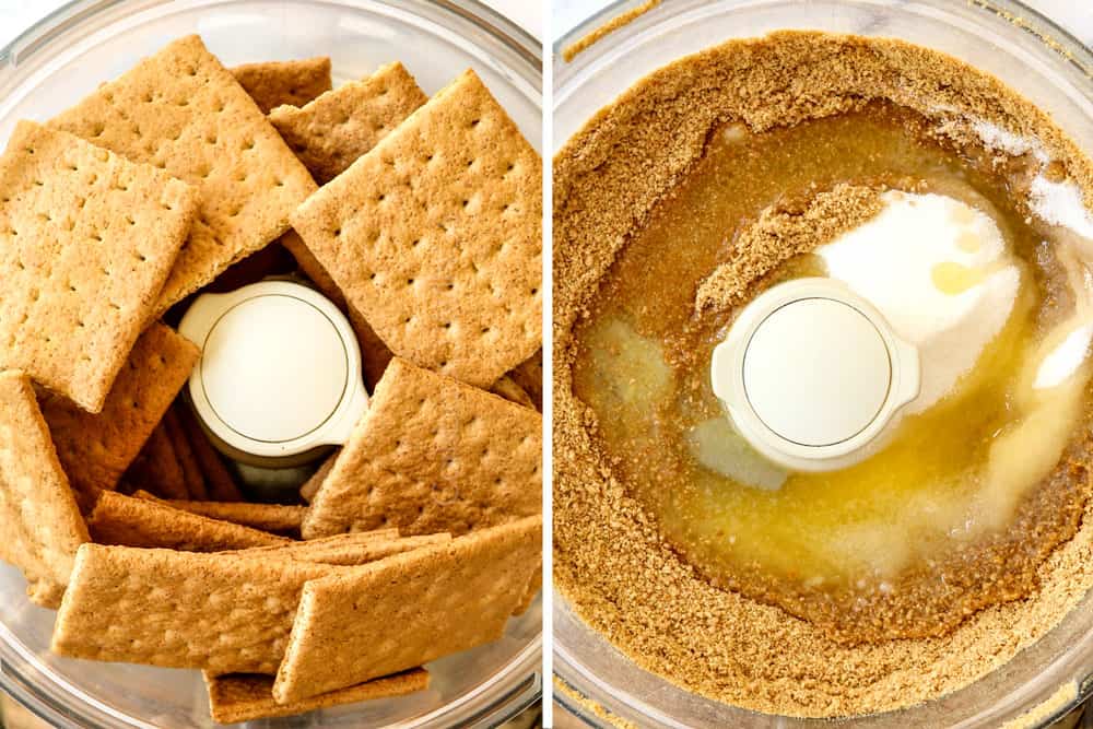 showing how to make no bake cheesecake by adding Graham crackers to a food processor, pulsing into crumbs, then adding butter, sugar and salt and combining to moisten