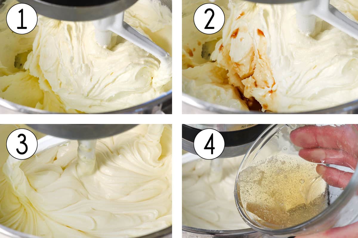 a collage showing how to make no bake cheesecake by beating cream cheese until smooth, then adding sugar, vanilla, sour cream and lemon juice, then beating until smooth, then slowly pouring in the gelatin