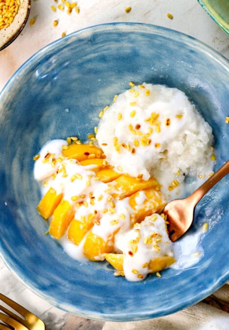 Top view of mango sticky rice being served topped with toasted, crispy mung beans