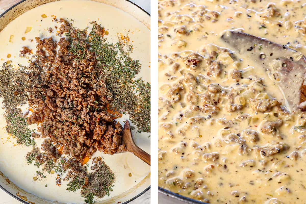 a collage showing how to make cavatelli by stirring in the sausage, spices, and half and half and simmering until thickened