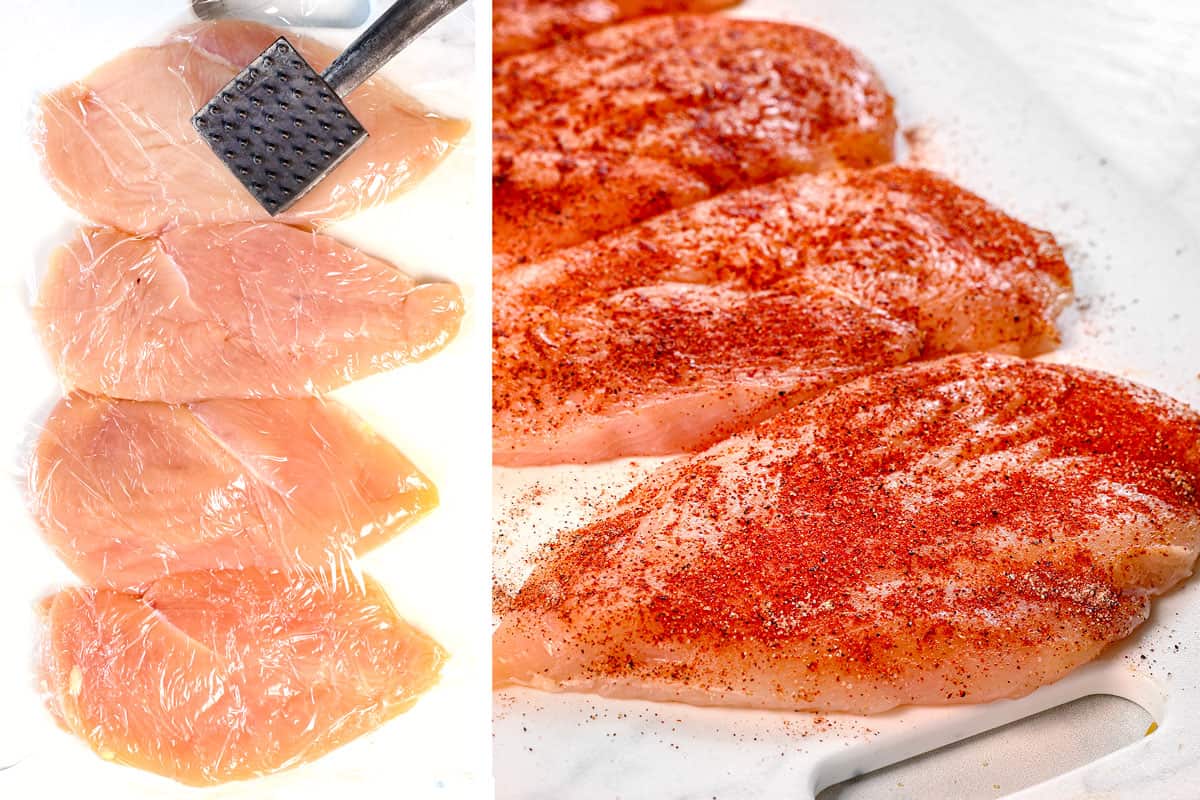 a collage showing how to make Marry Me Chicken pasta by slicing the chicken breasts through the equator, pounding with a meat mallet, then rubbing with spices
