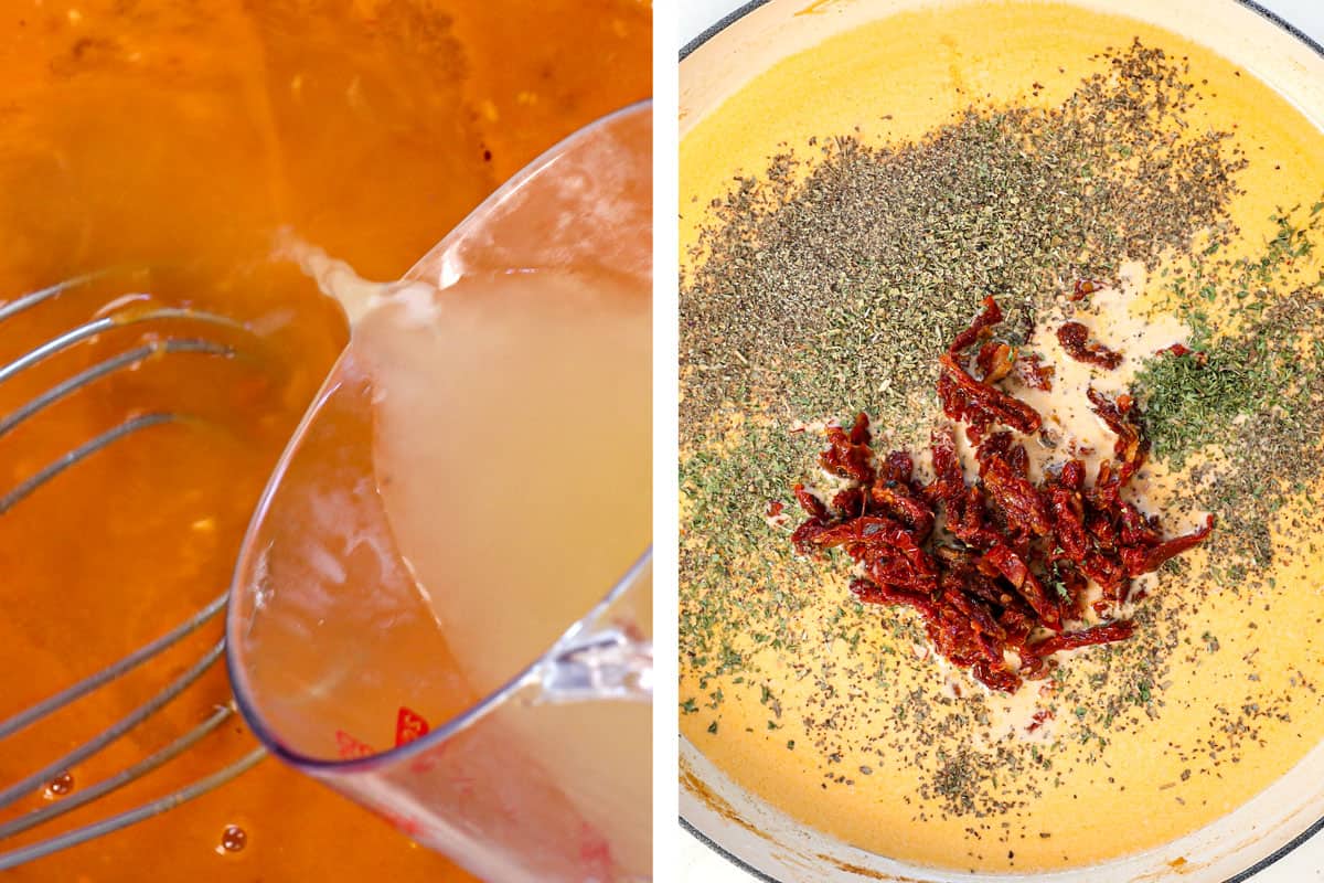 A collage showing how to make Marry Me Chicken by stirring in the chicken broth, then the half and half, then the sun-dried tomatoes and spices