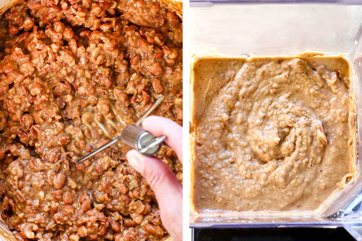 a collage showing how to make refried beans recipe by mashing the beans, then transferring some to a blender to puree until smooth and creamy