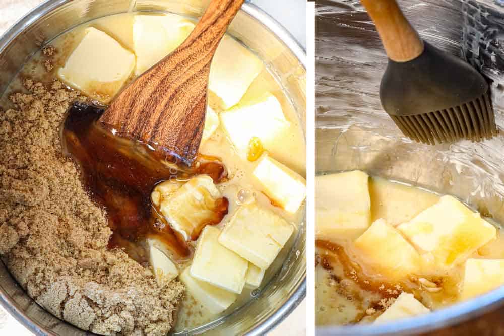 showing how to make caramel apples by adding the caramel apple caramel ingredients to the pot: brown sugar, butter, sweetened condensed milk, corn syrup