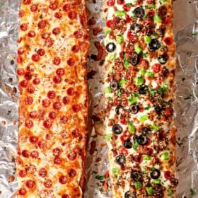 showing how to make French Bread Pizza by baking on foil until the cheese is melted