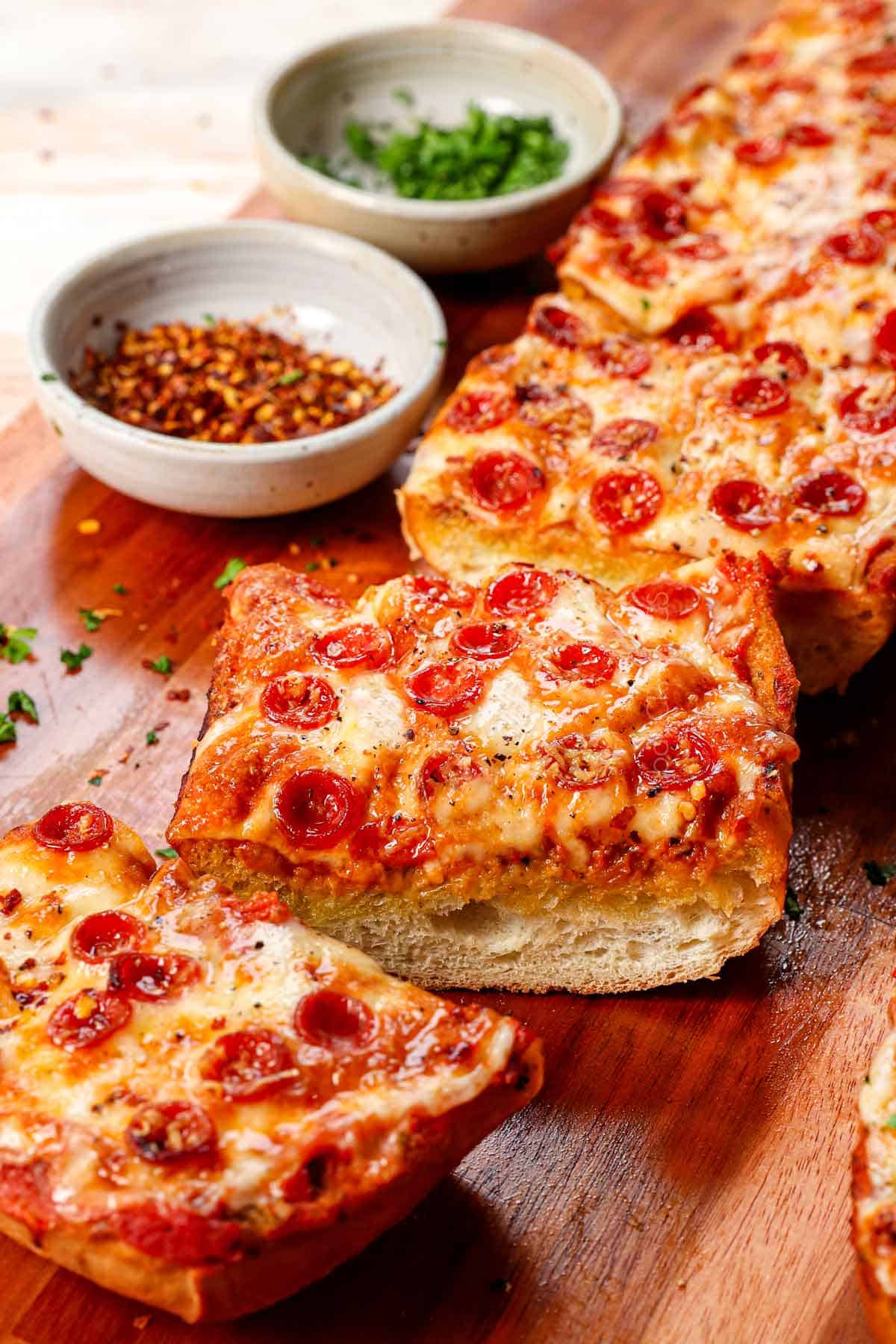 pizza bread recipe showing how cheesy it is