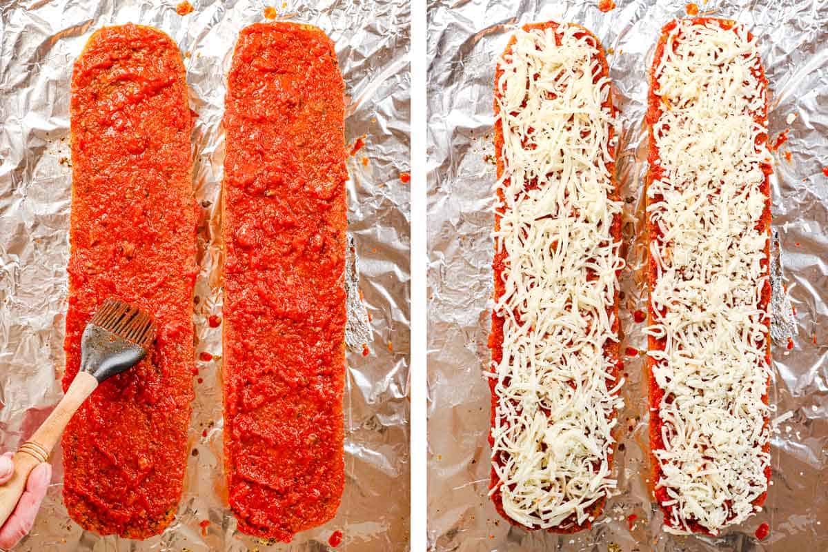 a collage showing how to make French Bread Pizza by spreading pizza sauce evenly over top, followed by covering in mozzarella cheese