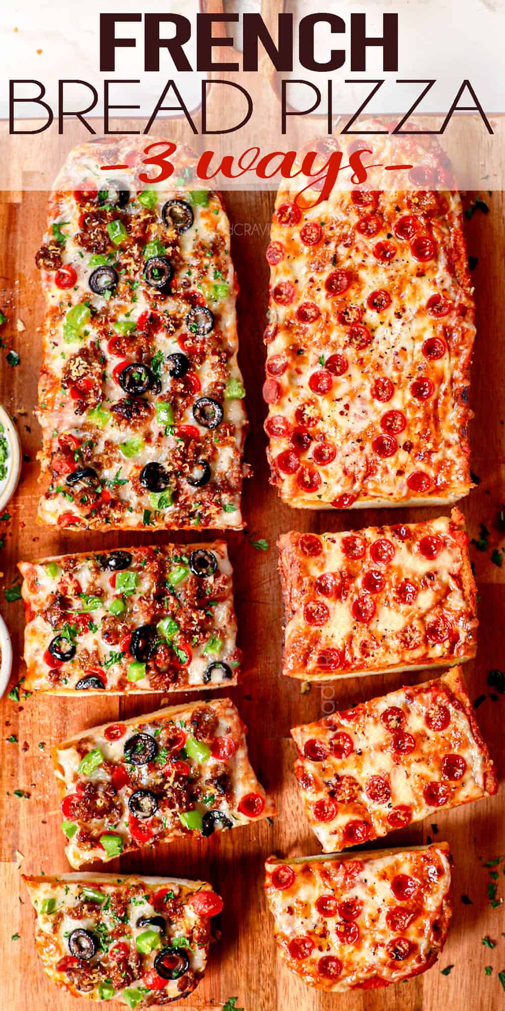 top view of French Bread Pizza on a cutting board, cutting it into slices
