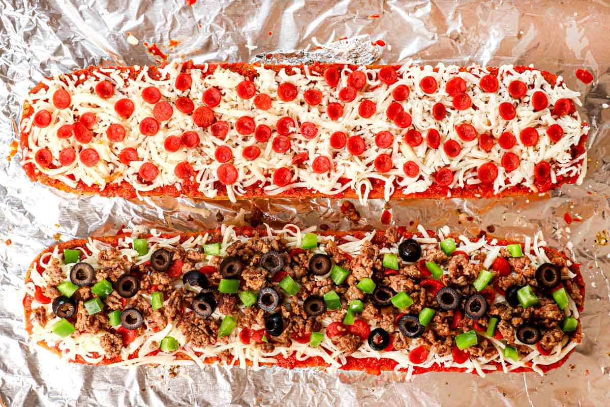 showing how to make French Bread Pizza by adding toppings of choice: pepperoni, sausage, bell peppers and onions