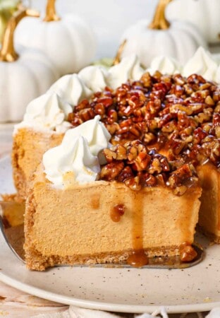 a slice of No Bake Pumpkin Cheesecake recipe with a slice in front