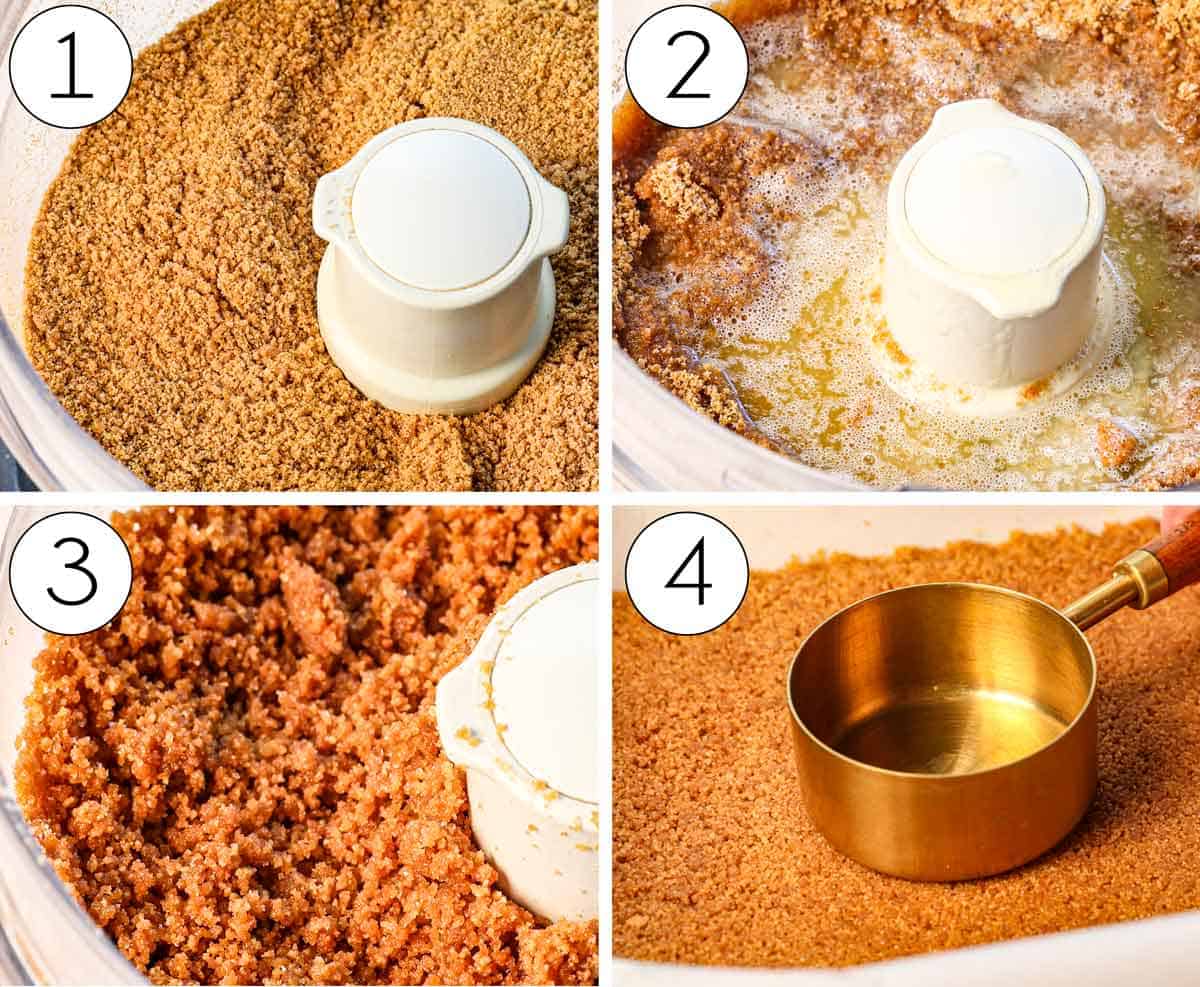 a collage showing how to make pumpkin pie bars by pulsing the cookies and Graham crackers into fine crumbs, then mixing in the sugar, butter and salt, then pressing into a 9x13 baking dish, then baking