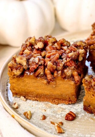up close of pumpkin bar on a plate showing how creamy it is