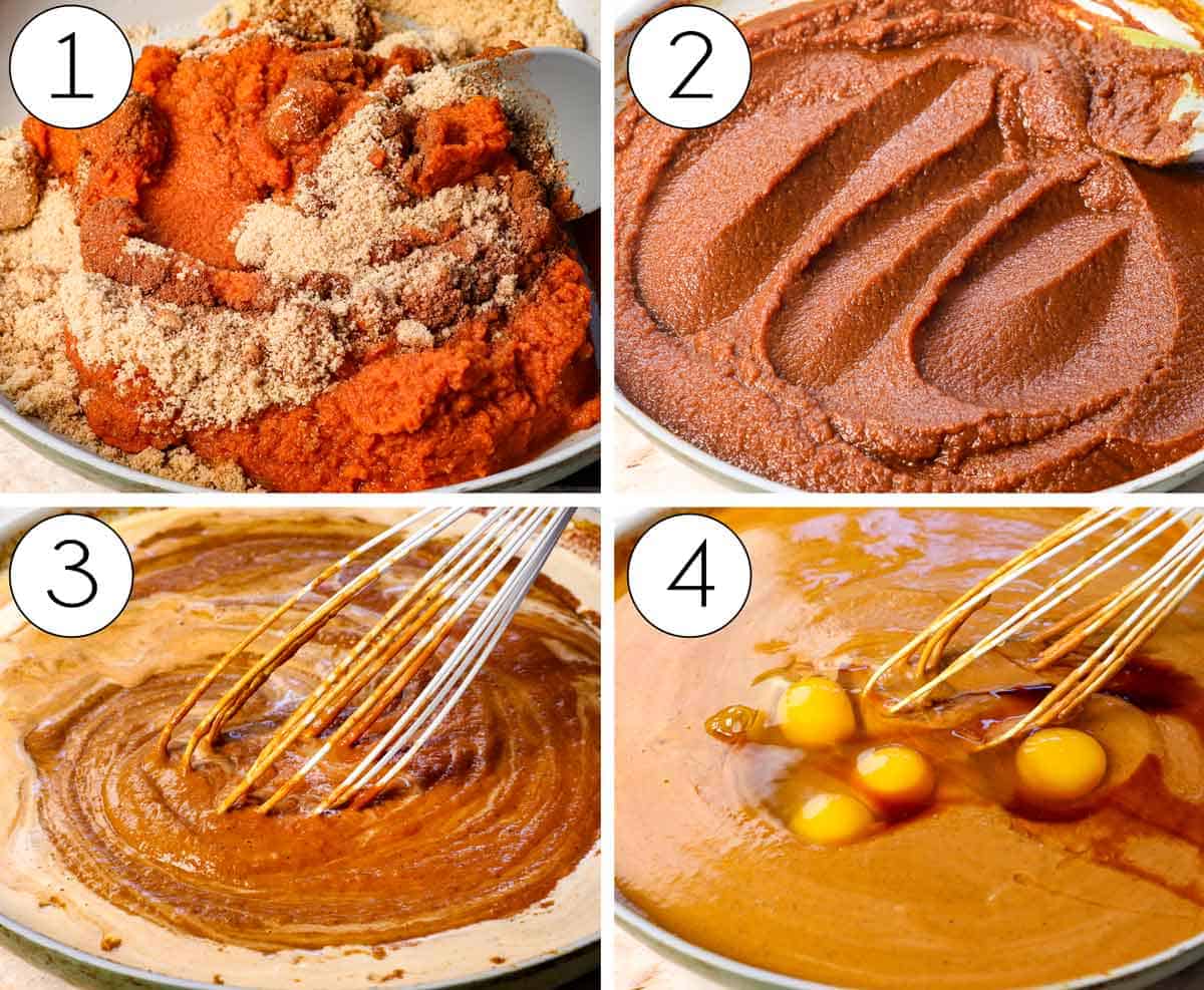 A collage showing how to make pumpkin pie bars by combining the pumpkin puree, brown sugar and spices in a saucepan and cooking, then whisking in the heavy cream followed by the eggs
