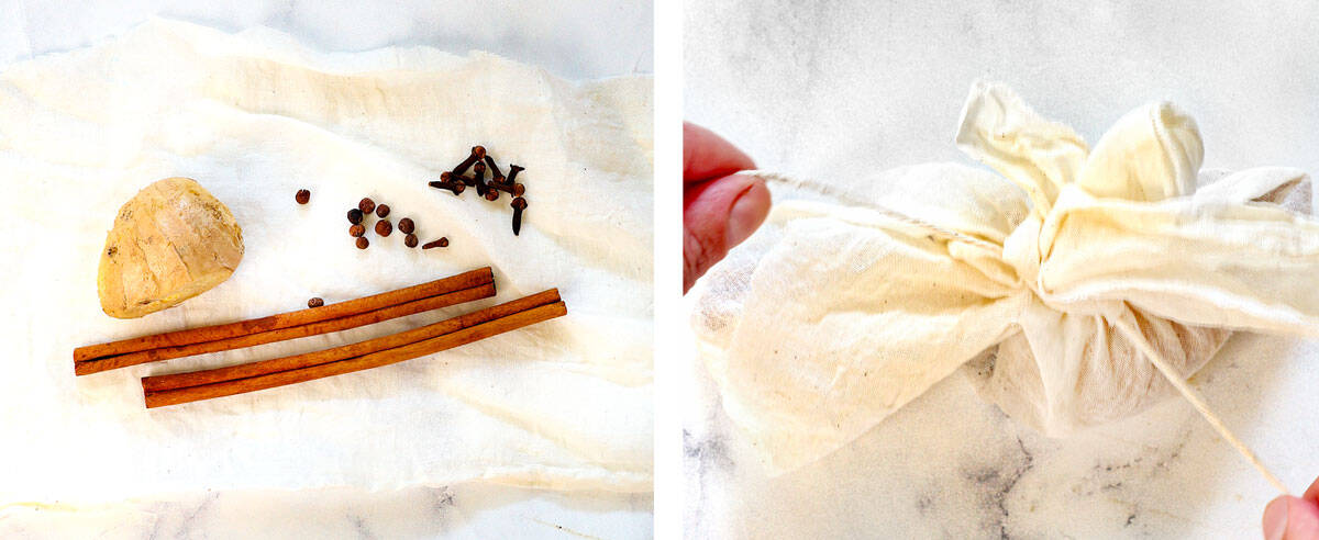 showing how to make wassail by wrapping the whole spices in a cheesecloth