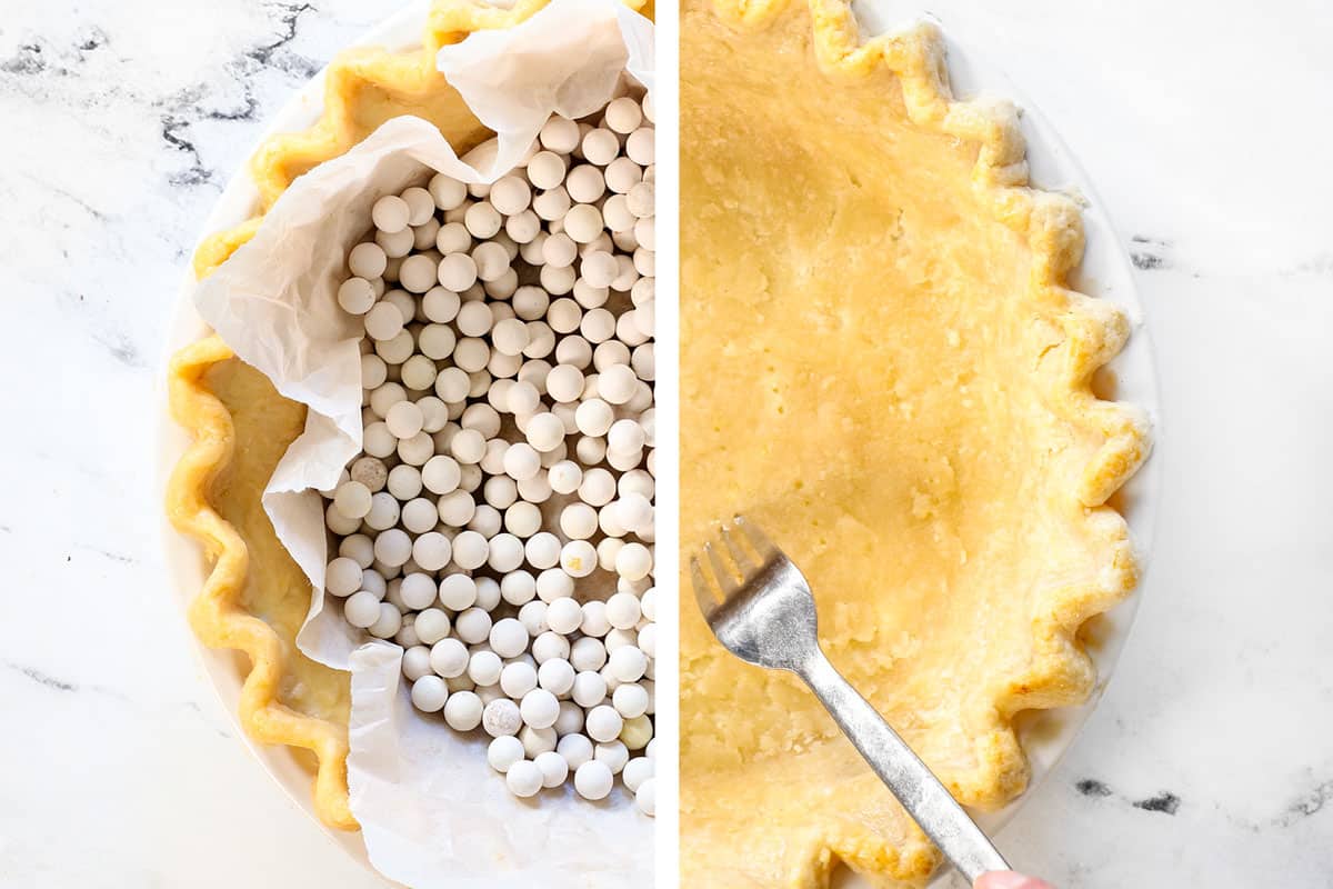 showing how to make chess pie by baking the pie with pie weights in parchment paper, then pricking the bottom of the crust with a fork