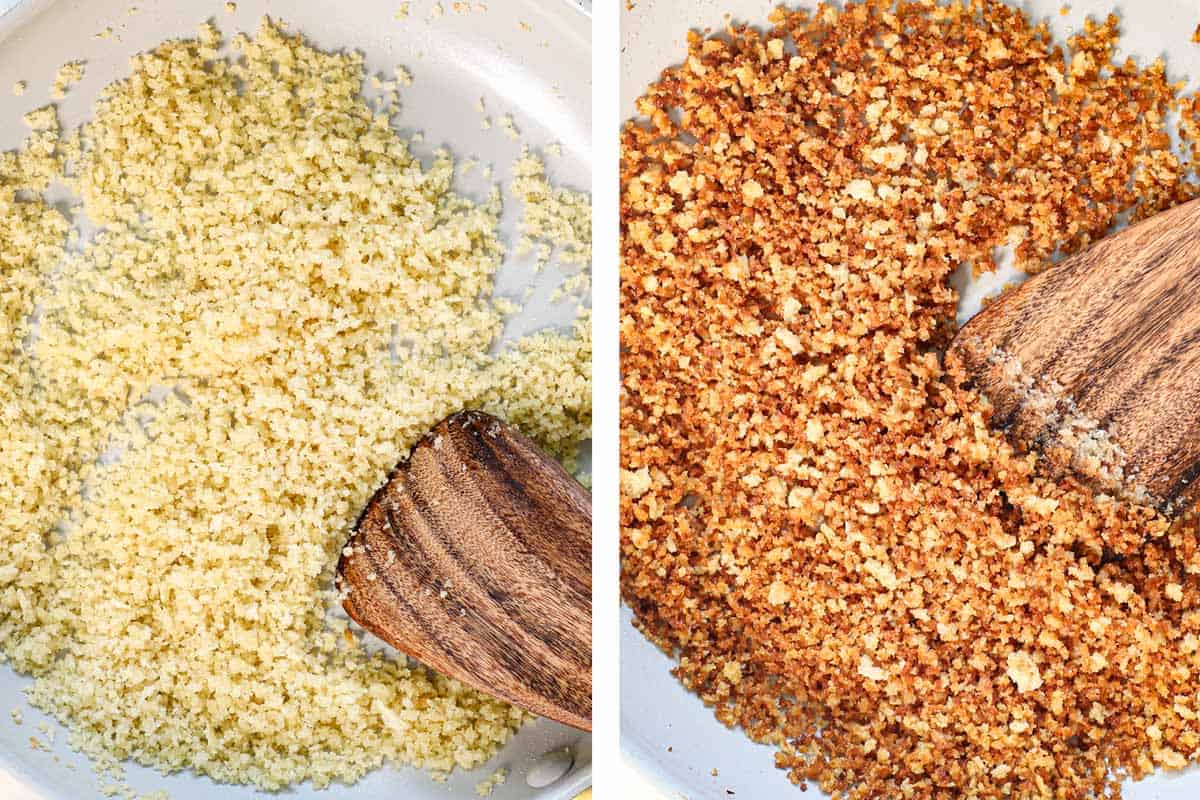 showing how to make Mac and Cheese Bites by toasting panko in a skillet until golden