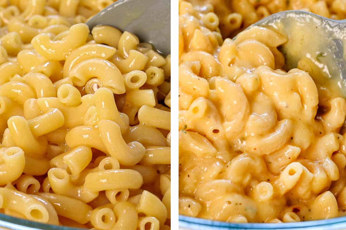 a collage showing how to make Mac and Cheese Bites by stirring the pasta with the eggs, then stirring in the cheese sauce