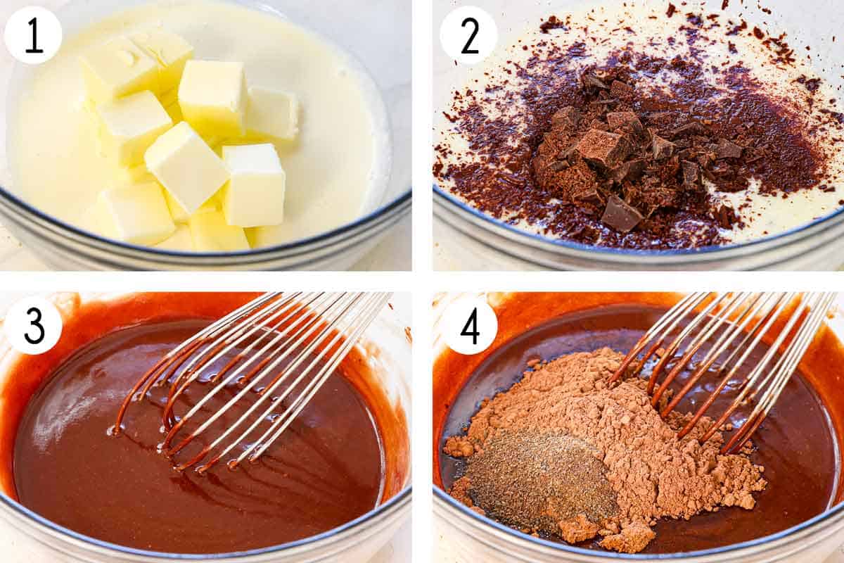 a collage showing how to make Chocolate Chess Pie by 1) melting butter and heavy cream for ganache, adding the chopped chocolate, stirring the chopped chocolate to melt, then stirring in cocoa powder and espresso powder or postum