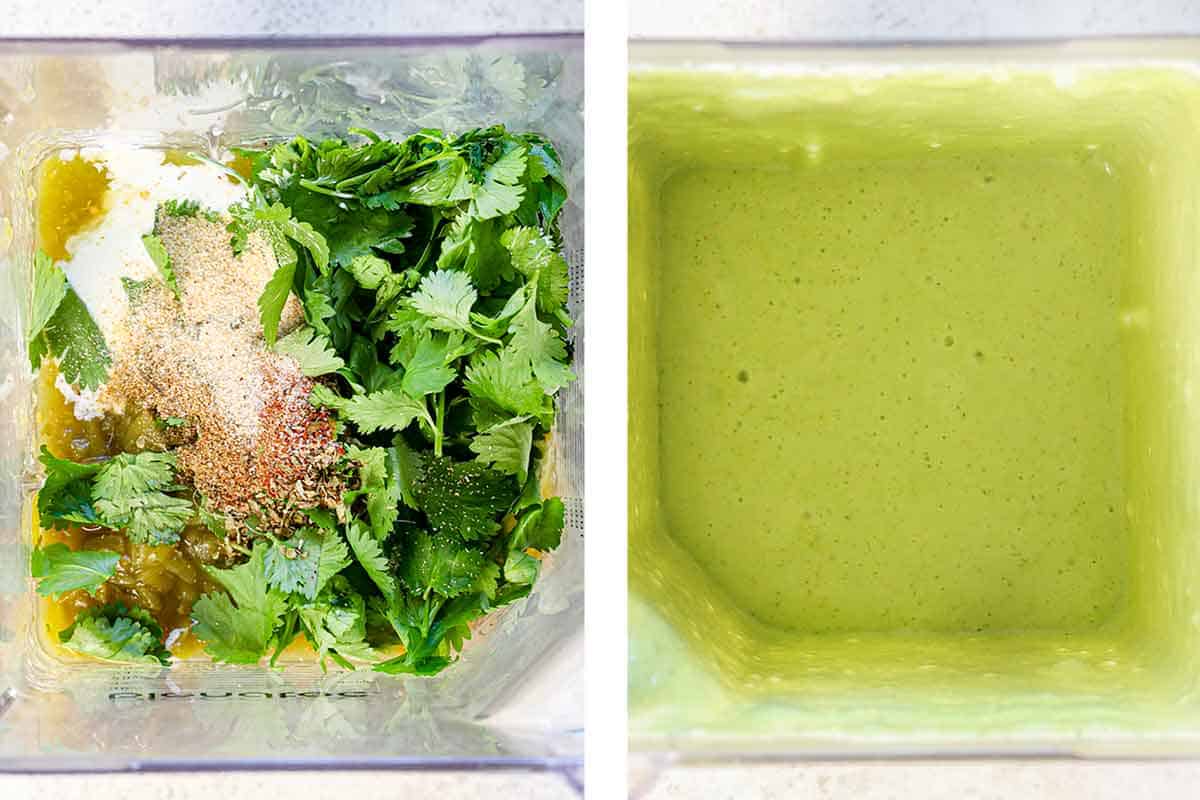 showing how to make Enchiladas Suizas by adding the salsa verde ingredients to a blender and blending until smooth