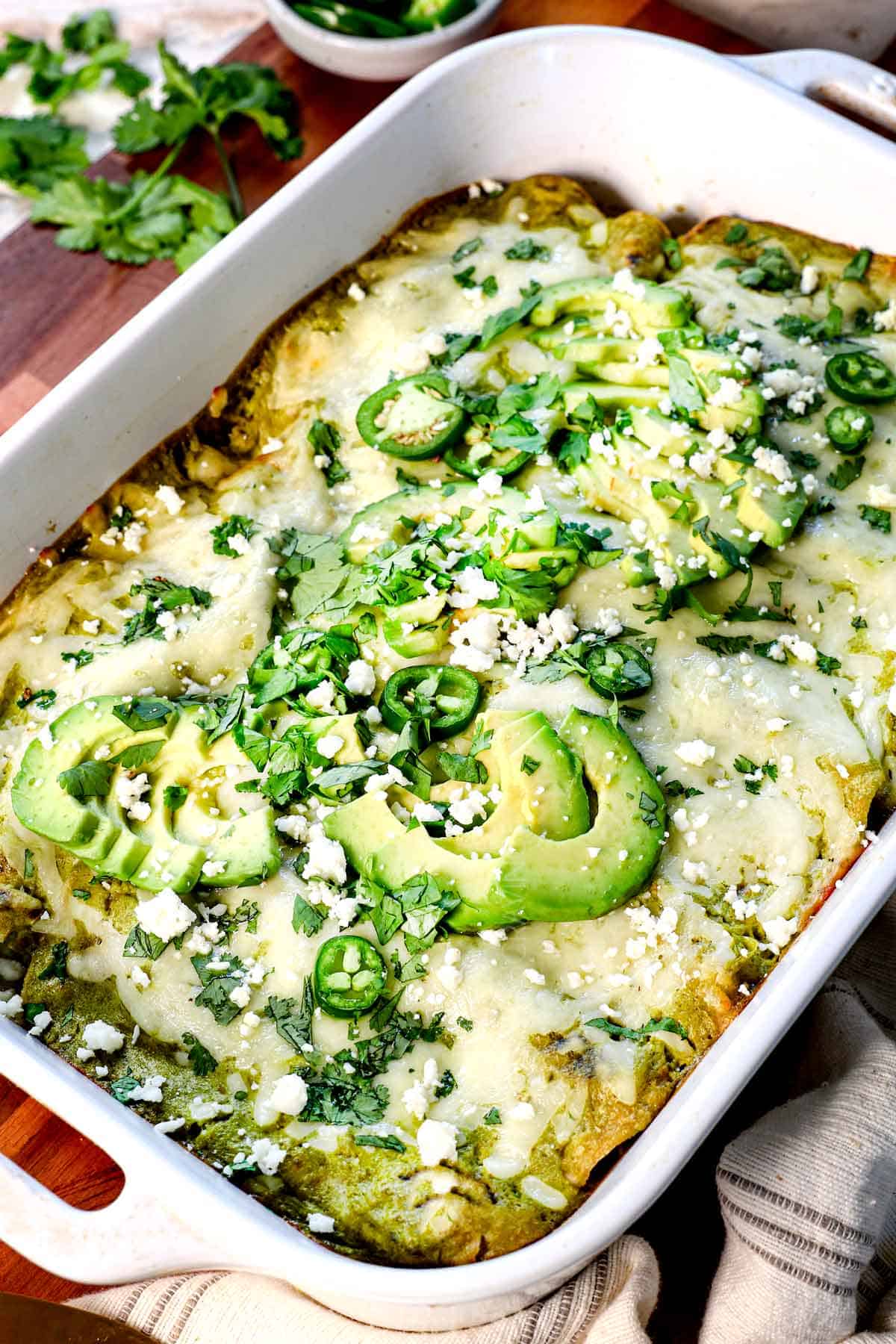 showing how to make enchiladas suizas by baking until the cheese is melted