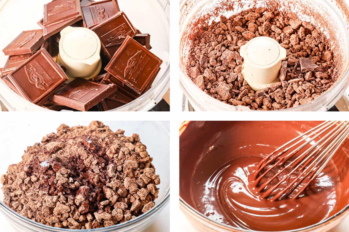 showing how to make peppermint bark by chopping chocolate in a food processor, then combining with vegetable oil, then microwaving and whisking until melted and smooth