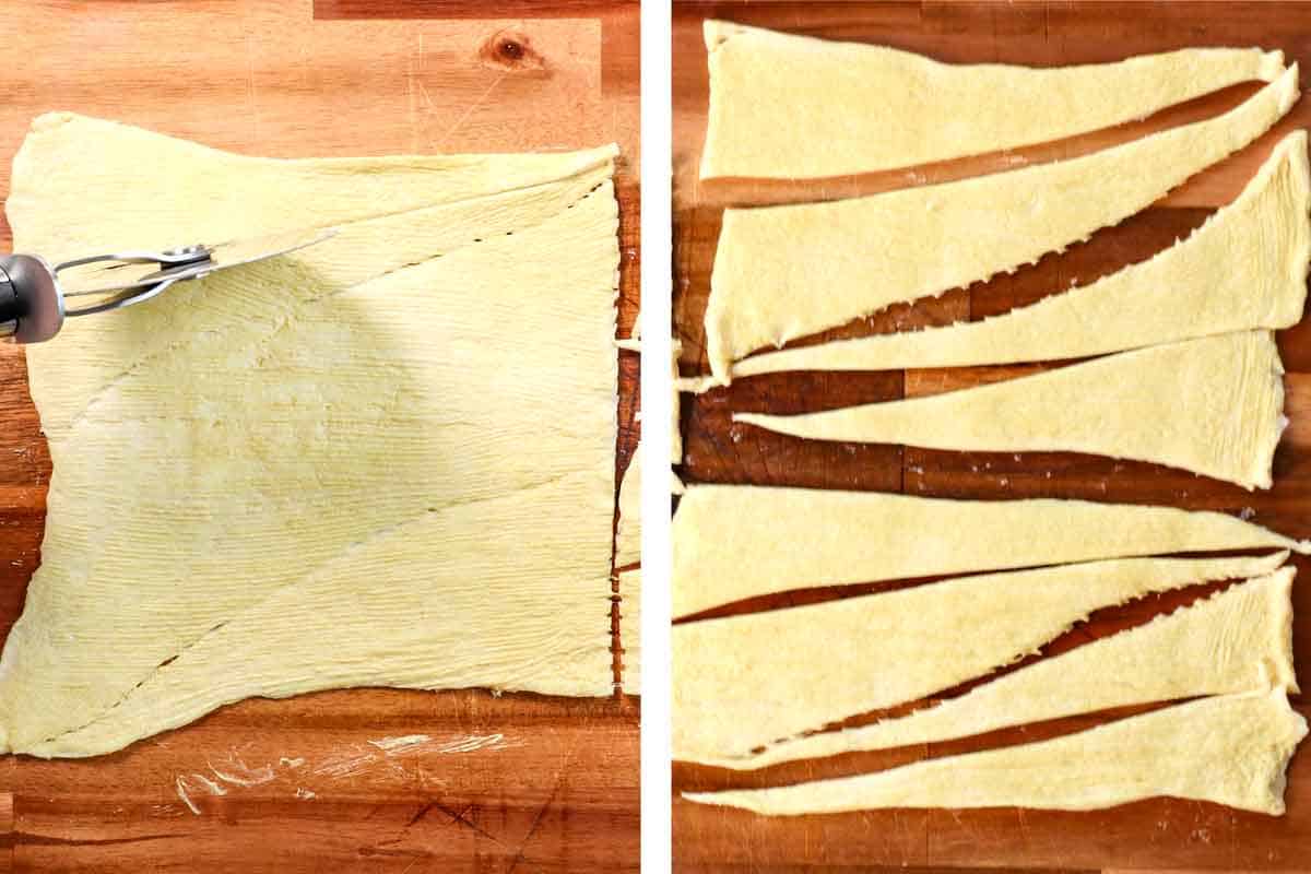 showing how to make pigs in a blanket recipe by cutting the crescent rolls in half lengthwise