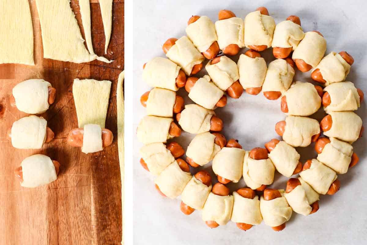 showing how to make pigs in a blanket by rolling up each little smokie in a crescent roll, then arranging in a wreath / circle on a baking sheet