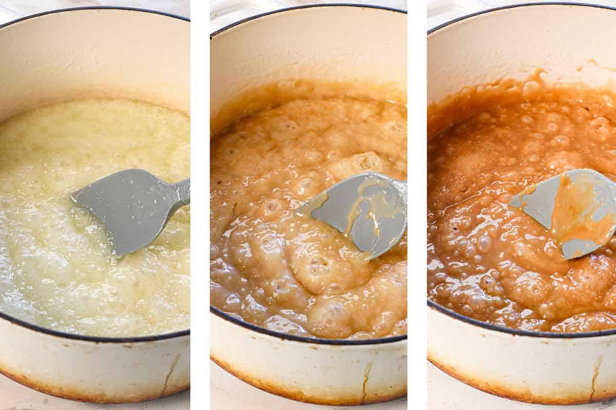 a collage showing how to make almond roca by boiling the toffee until it reaches 300 degrees F