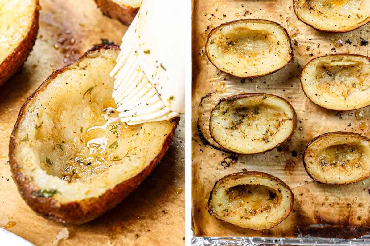 a collage showing how to make potato skins by brushing the cut insides with herb butter and broiling