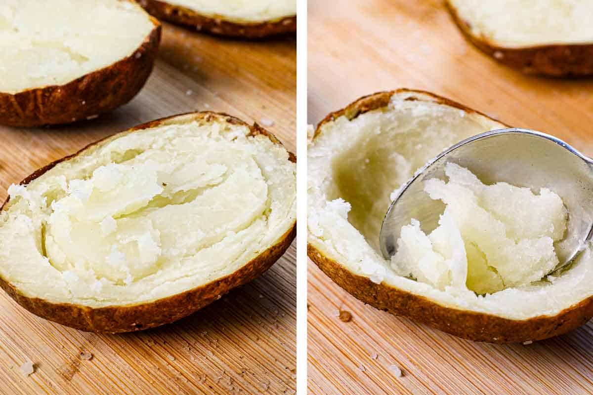a collage showing how to make potato skins by cutting in half lengthwise, then hollowing out the inside, leaving a ¼ inch border
