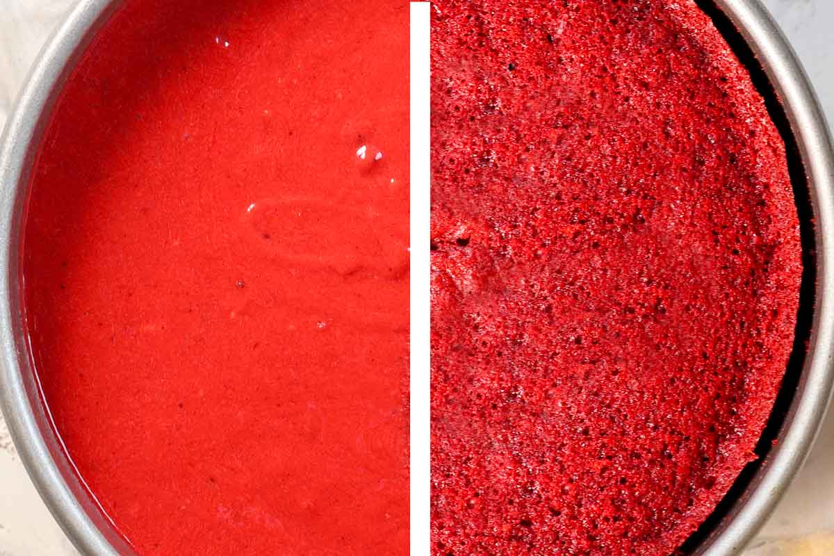 a collage showing how to make red velvet cake by baking the cake in a 8-inch round pan
